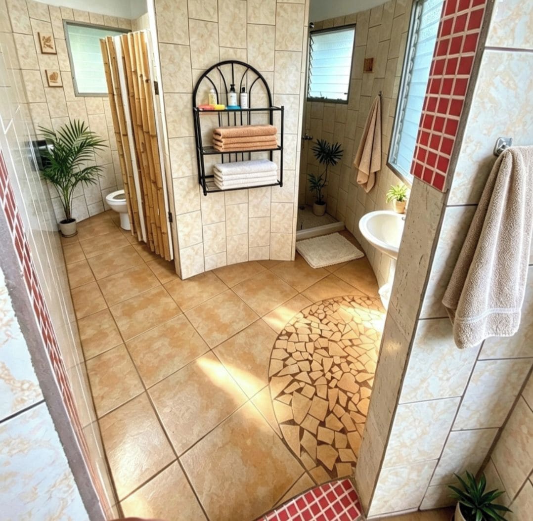 Un baño con suelo de baldosas, zona de ducha, inodoro y lavabo.