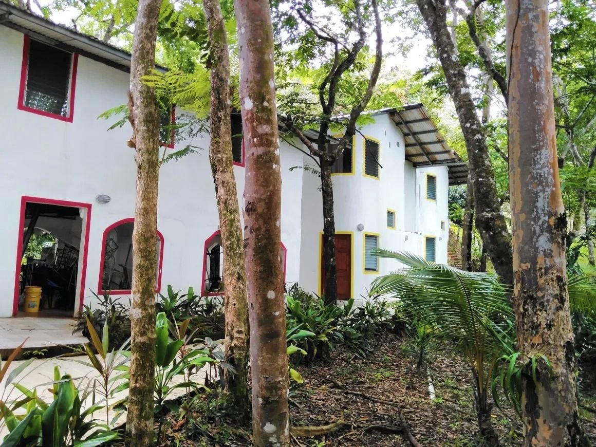 Un bâtiment blanc orné de bordures rouges et doté de nombreuses fenêtres, entouré d’une végétation tropicale luxuriante.