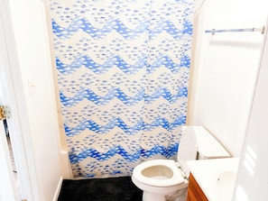 Hair dryer, towels, soap, toilet paper