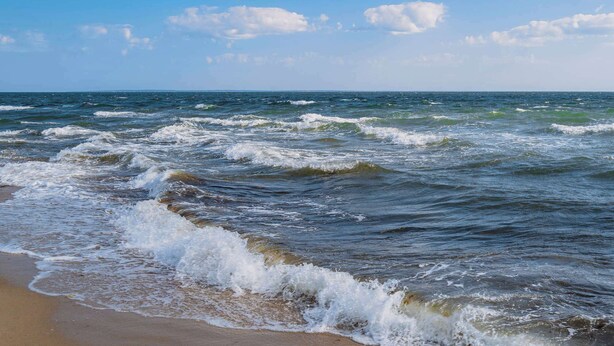 Une plage où les vagues se brisent sur le rivage sous un ciel dégagé.