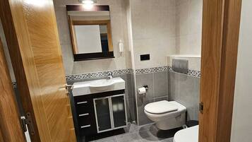 Une salle de bain moderne avec une porte en bois, un lavabo surmonté d’un miroir, des toilettes et un espace douche.