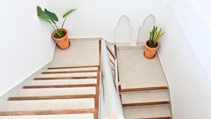 A staircase with wooden steps and white walls, flanked by potted plants. - Standard Double Room #2 (Tamraght Ouzdar)