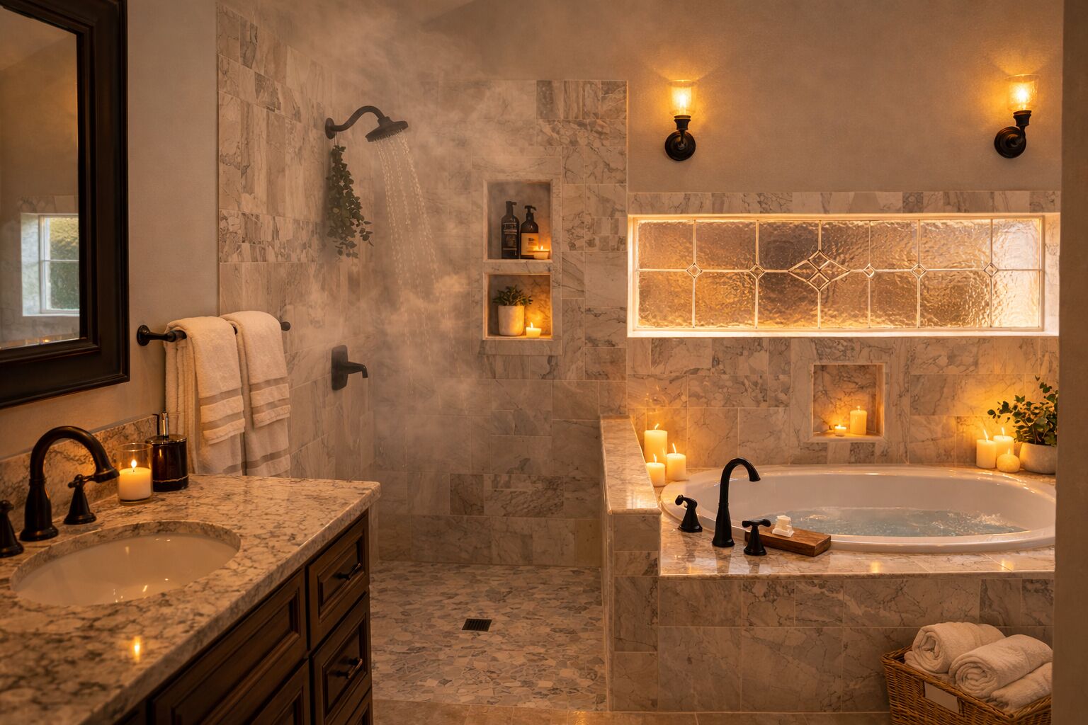 A bathroom with a large bathtub, a shower, marble countertops, and wall-mounted lights.