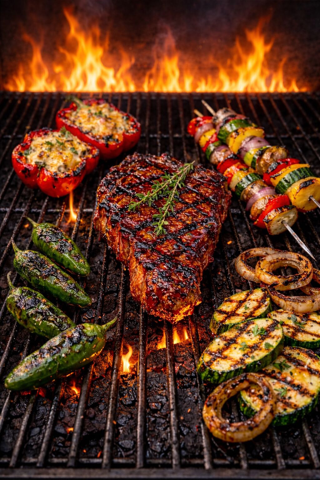 A grill with various meats and vegetables being cooked.