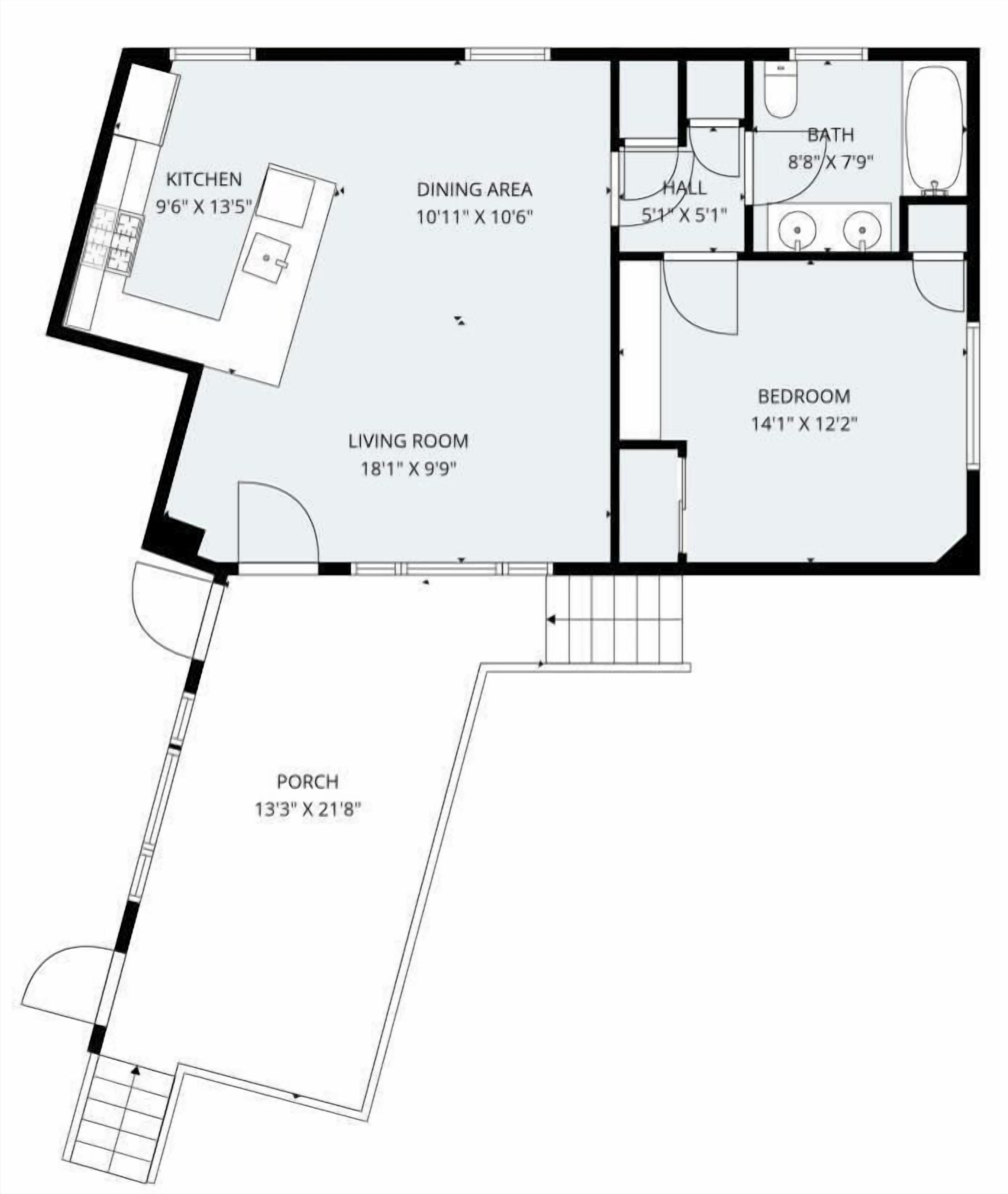 En planritning över ett hotellrum med kök, matplats, vardagsrum, sovrum, badrum och veranda.