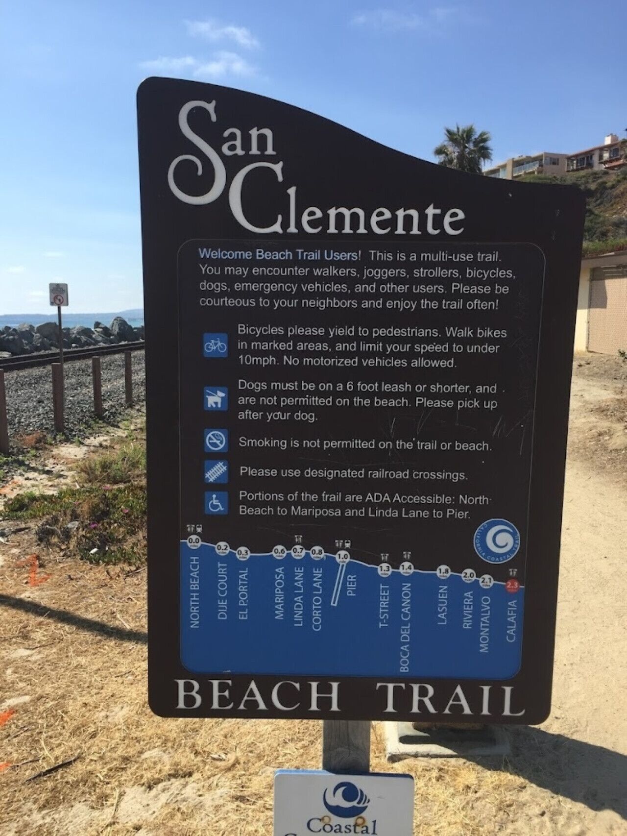 Naamplaatje voor het San Clemente Beach Trail met richtlijnen voor trailgebruikers, waaronder regels voor fietsen, honden en roken, en een afstandsaanduiding langs het pad.
