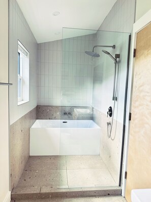 Hair dryer, towels, soap, shampoo