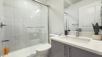 Shower, hair dryer, soap