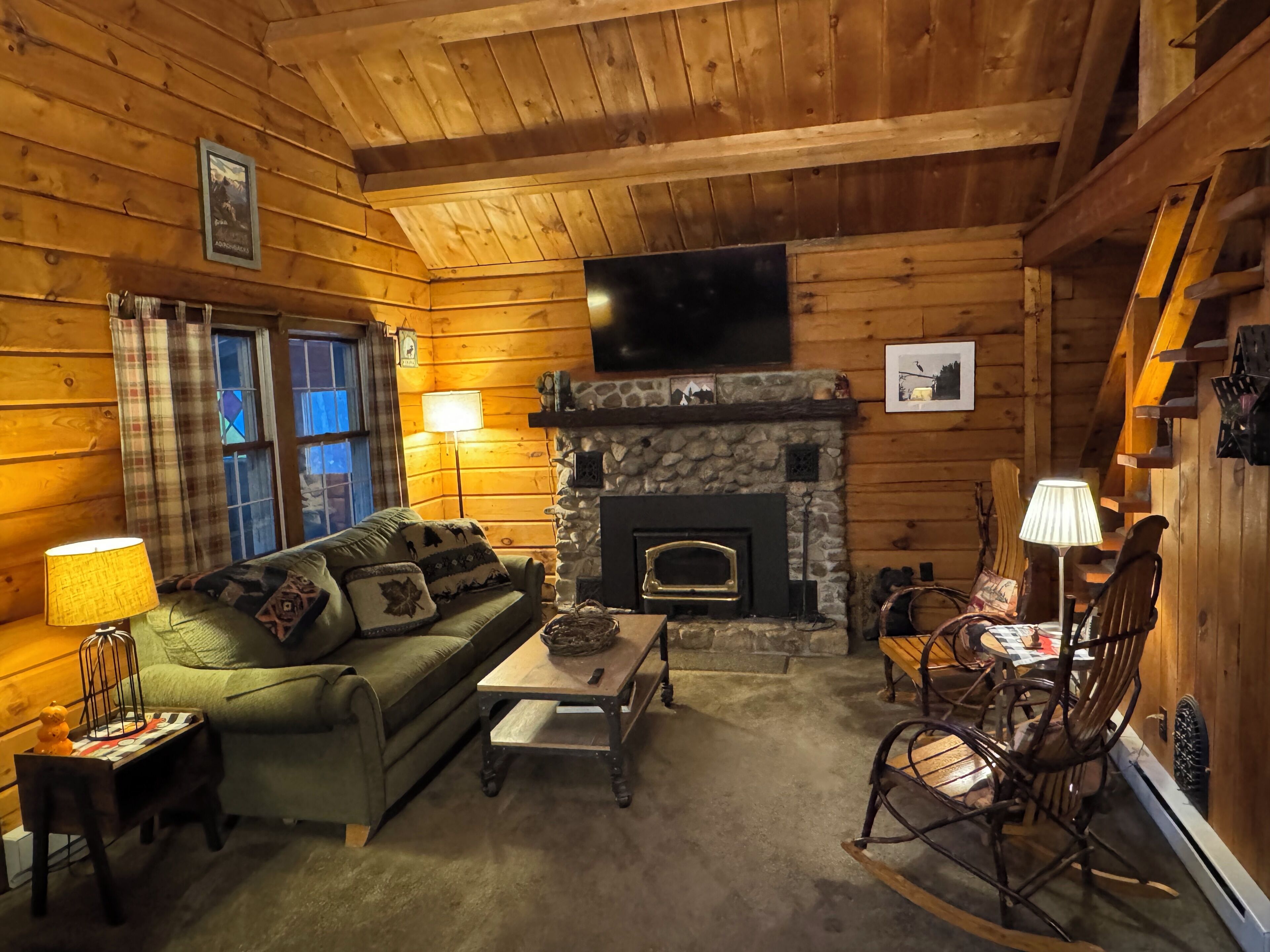 Smart TV, fireplace, books