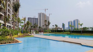 Piscina cercada por um jardim, palmeiras e edifícios altos ao fundo.