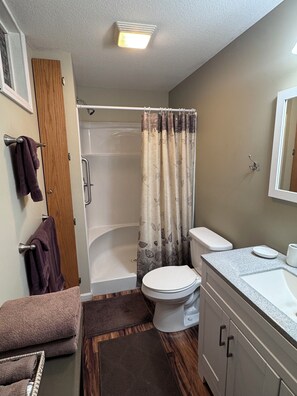 Hair dryer, towels, toilet paper