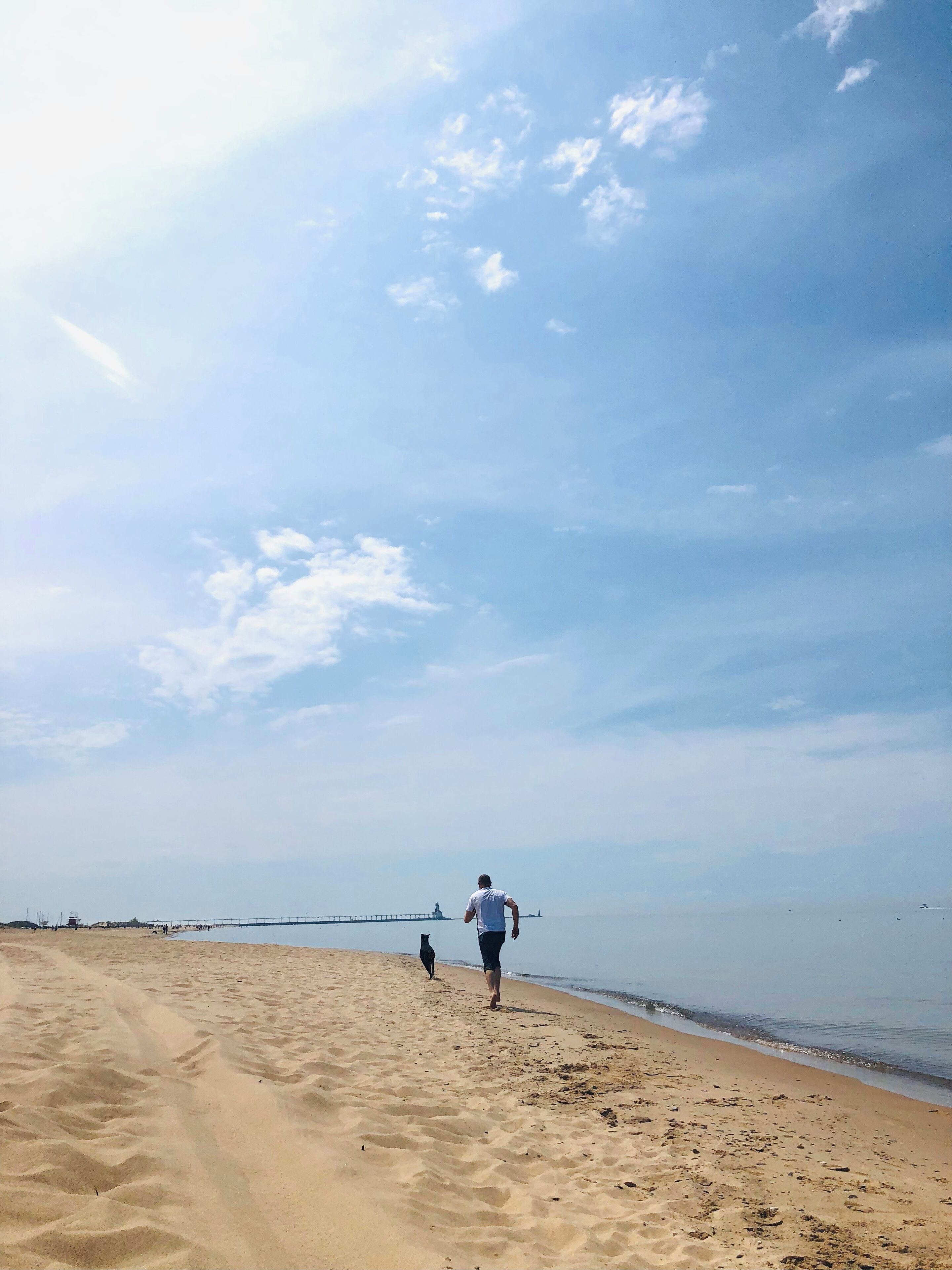 A beach with a person walking towards the water, a pier in the distance, and a clear sky.