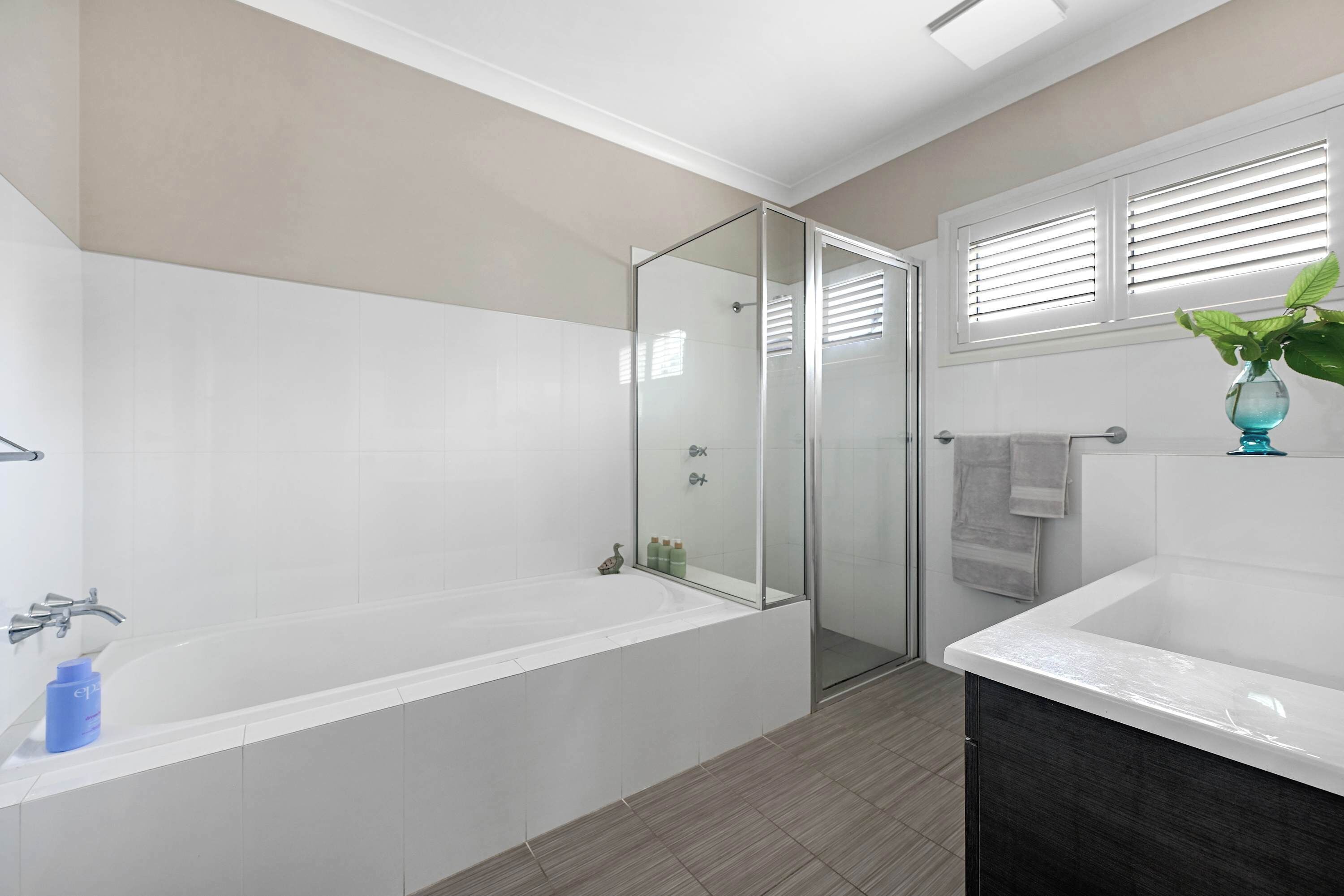 Shower, hair dryer, shampoo