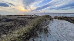 Een strand met zandduinen en schaarse begroeiing.