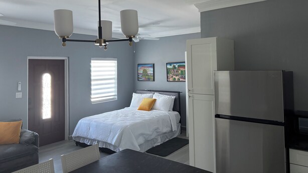A bedroom with a bed, a desk, a refrigerator, and a door.