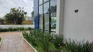 Un edificio moderno con un camino de baldosas, un pequeño jardín con flores blancas y un desagüe.