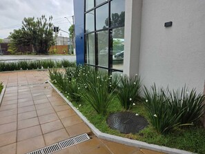 Ein modernes Gebäude mit bepflastertem Gehweg, einem kleinen Garten mit weißen Blüten und einem Abflussgitter.