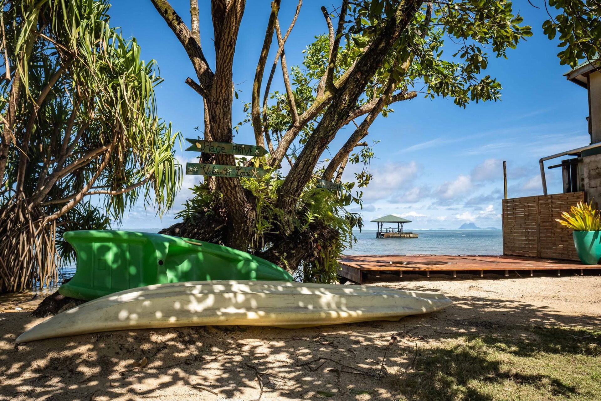 A beachside setting with a surfboard, a wooden sign, and a view of the sea.