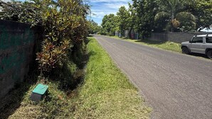 Una carretera pavimentada con un vehículo estacionado a la derecha, rodeada de vegetación y árboles.