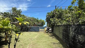 Un césped con una valla metálica, un sendero de concreto y un edificio al fondo.