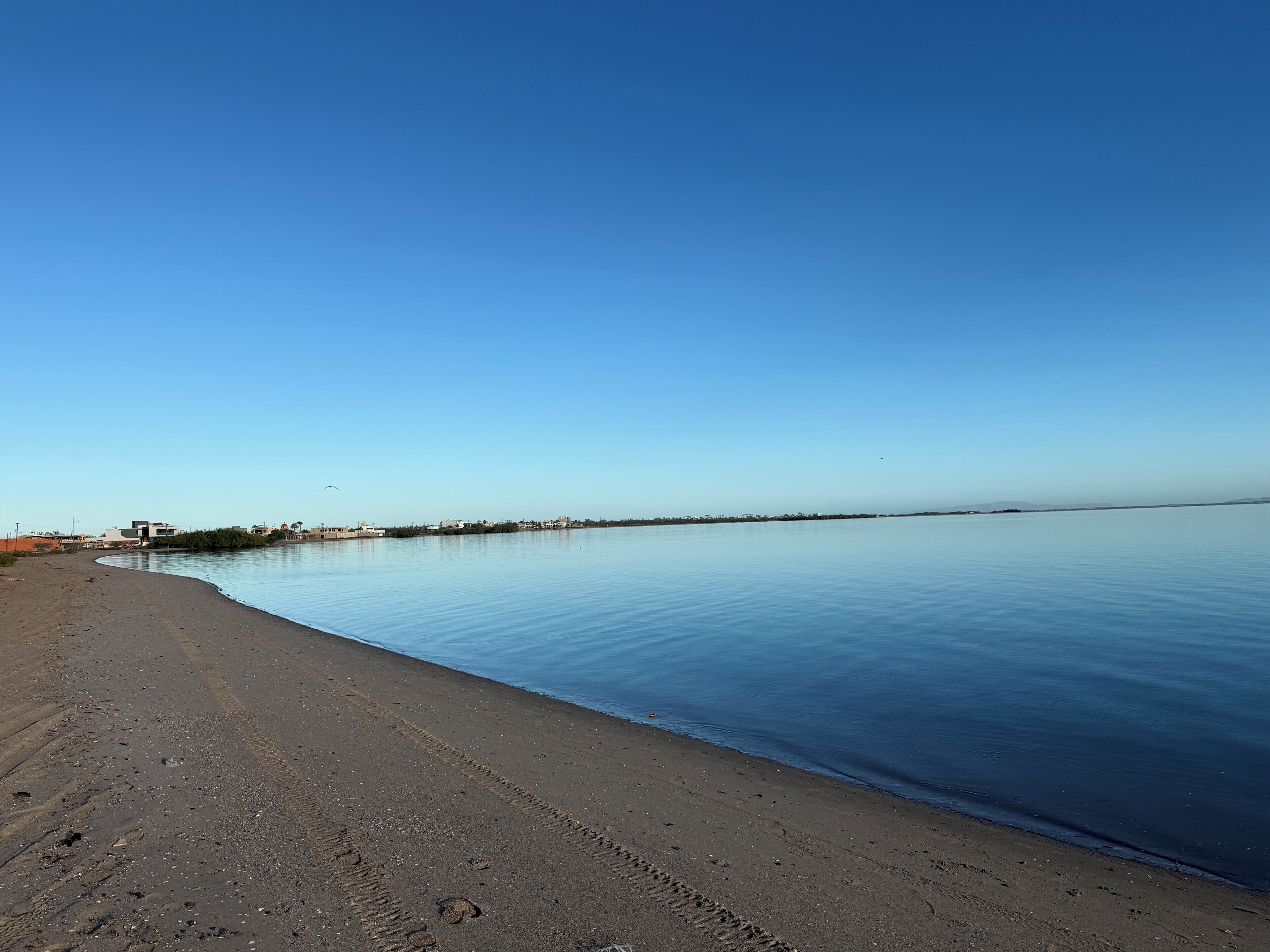 A wide, calm beach with a clear sky and a distant shoreline.