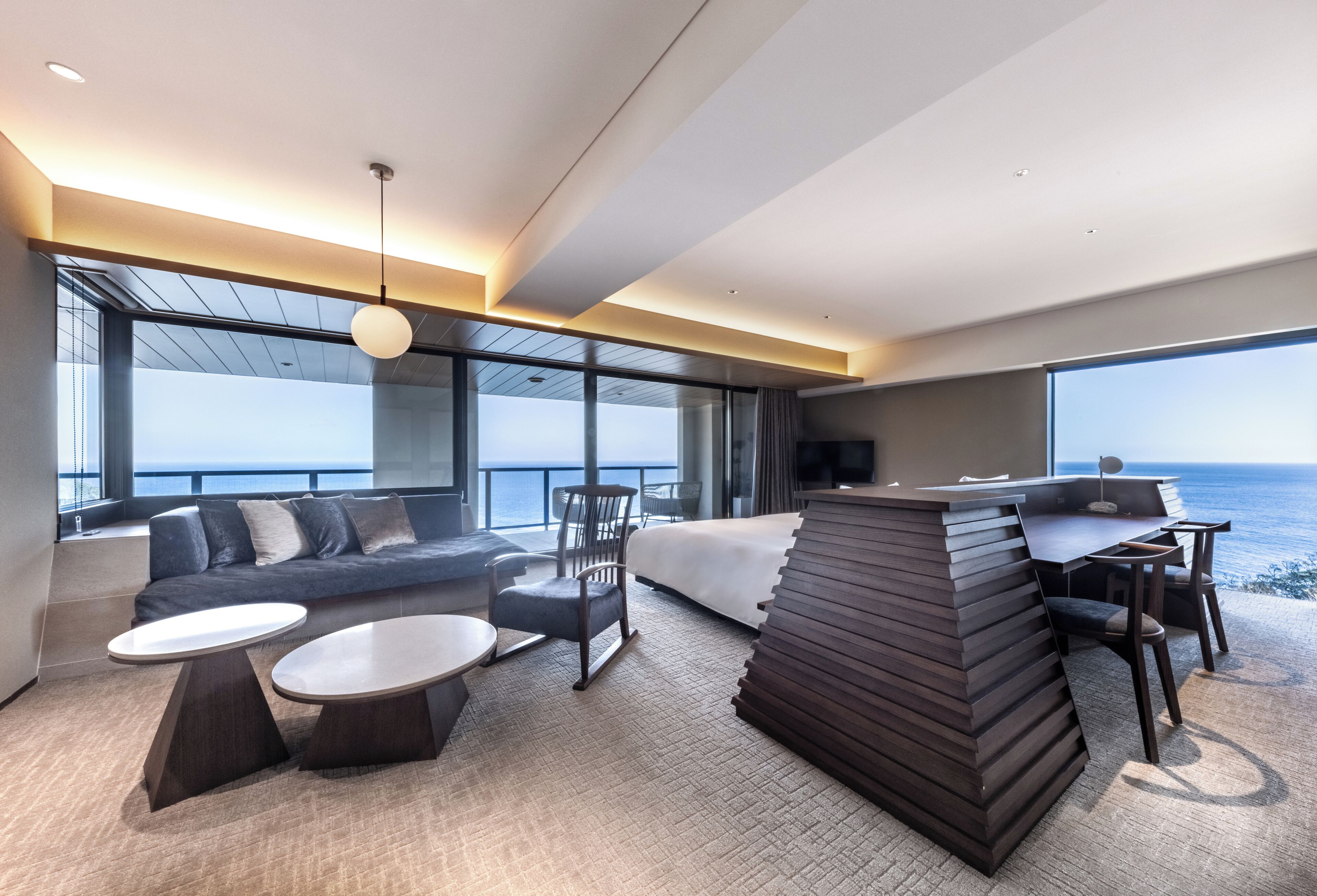 Luxury Suite, Sauna, Ocean View | Hypo-allergenic bedding, down comforters, free minibar items, desk