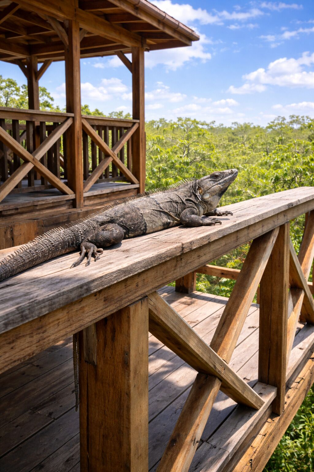 A wooden deck with a large iguana resting on it.