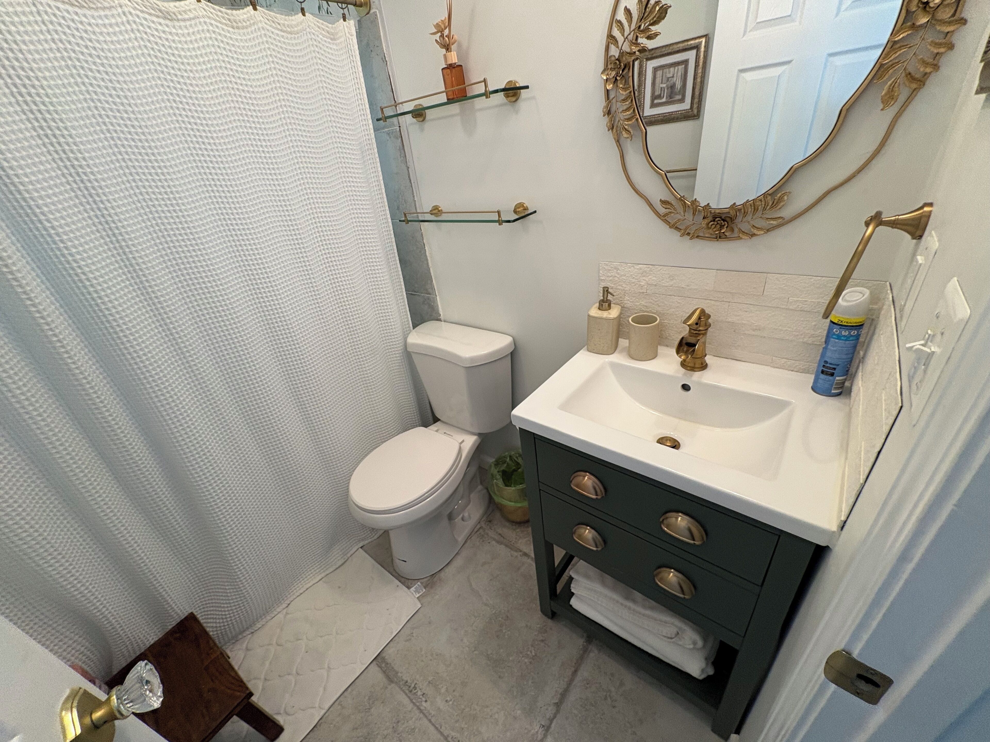 Hair dryer, towels, toilet paper