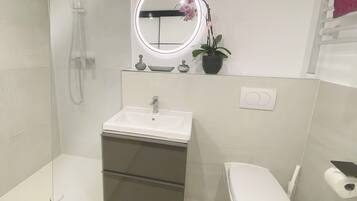 Dusche, Haartrockner, Handtücher, Seife
