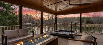 Lake House Fire Table Hot Tub Sunset