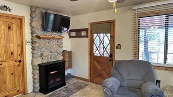 Smart TV, fireplace, books