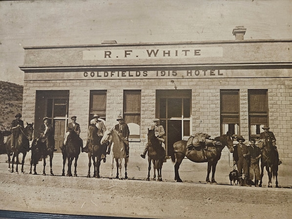 A building labeled "R.F. White Goldfields 1915 Hotel" with a brick facade and large windows.