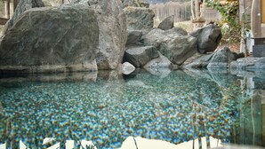 Una piscina cristalina rodeada de grandes rocas y una cerca de madera.