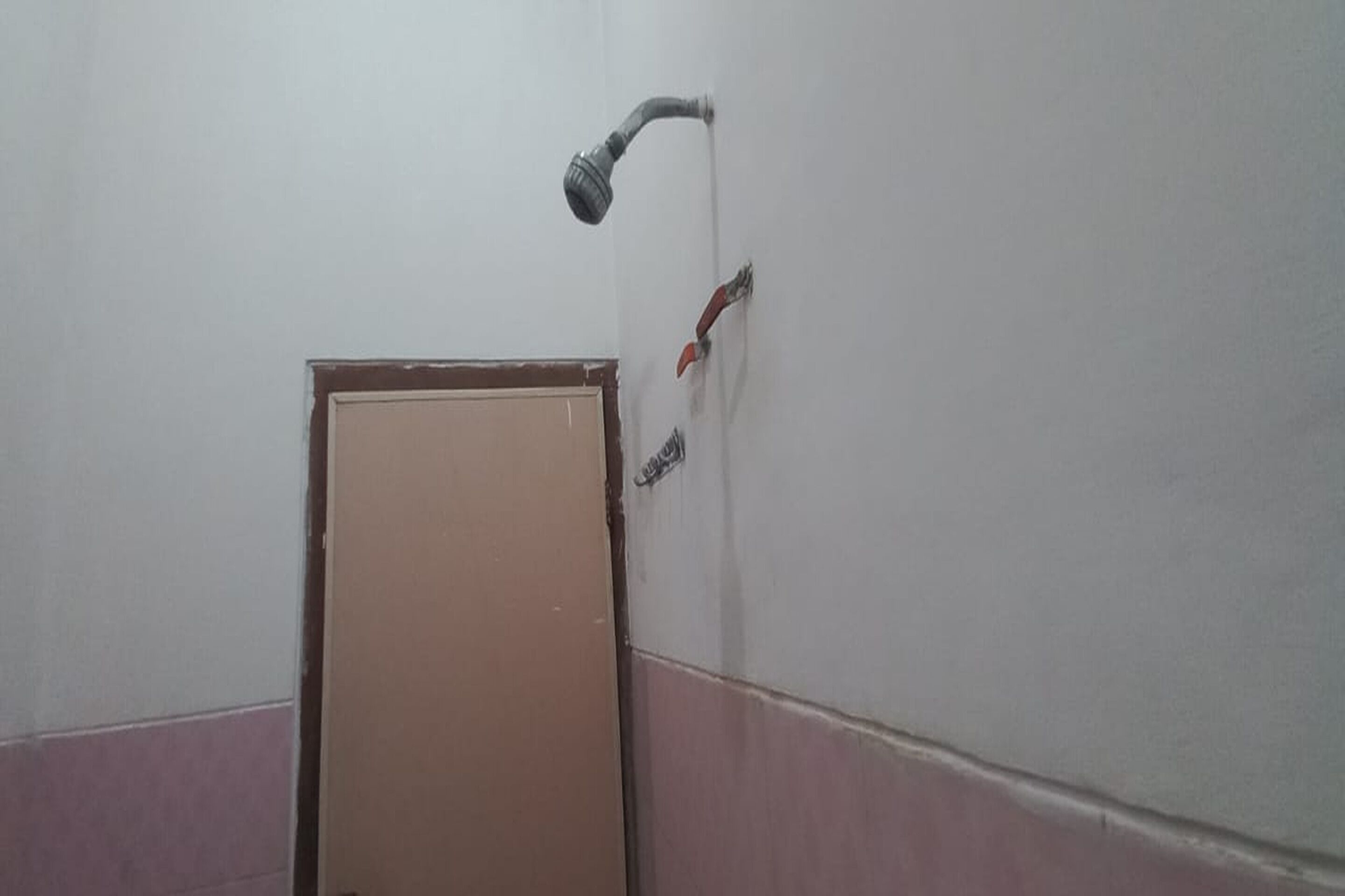 Ein Badezimmer mit Dusche, einer Tür und einer Wand mit Handtuchhalter.