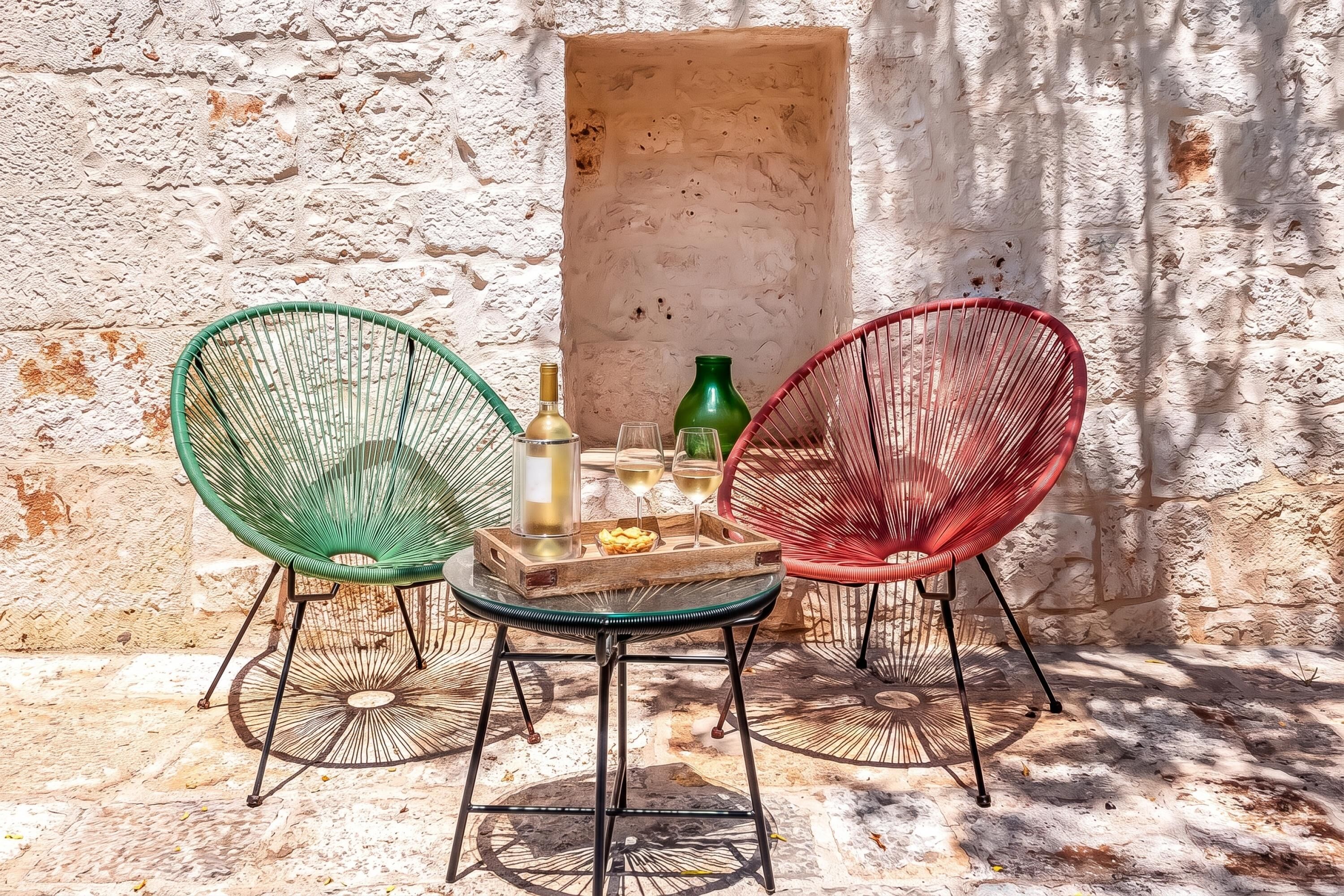 Un coin salon extérieur rustique avec trois chaises, une petite table et une bouteille de vin.
