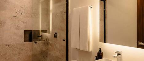 Shower, hair dryer, shampoo
