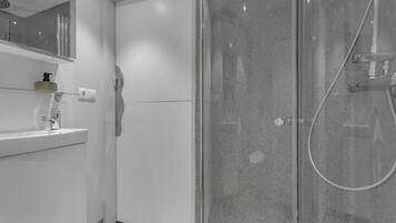 Douche, sèche-cheveux, serviettes fournies, savon