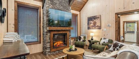 Smart TV, fireplace, books