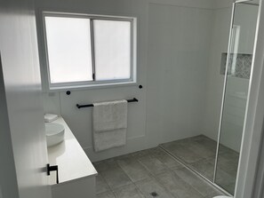 Douche, sèche-cheveux, serviettes fournies, papier toilette