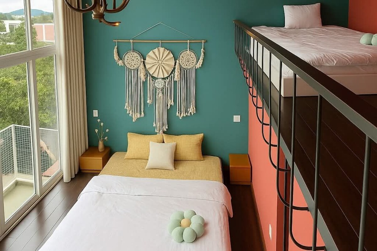 Un dormitorio con una cama litera, una cama grande, una lámpara en el techo, un adorno de macramé en la pared y vistas a través de una ventana.