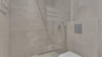 Douche, sèche-cheveux, serviettes fournies, savon