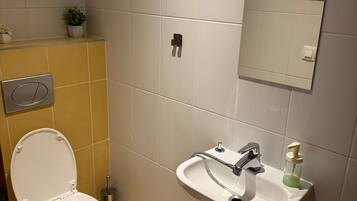 Shower, hair dryer, towels, toilet paper