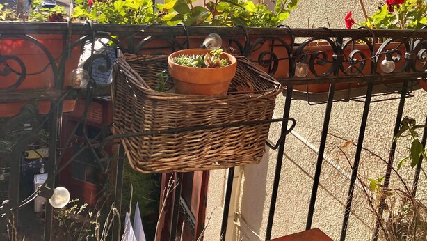 A balcony with a wicker basket containing a potted plant, a red table, and a metal railing. - Bucolic apartment - Historic heart of Dijon (Dijon)