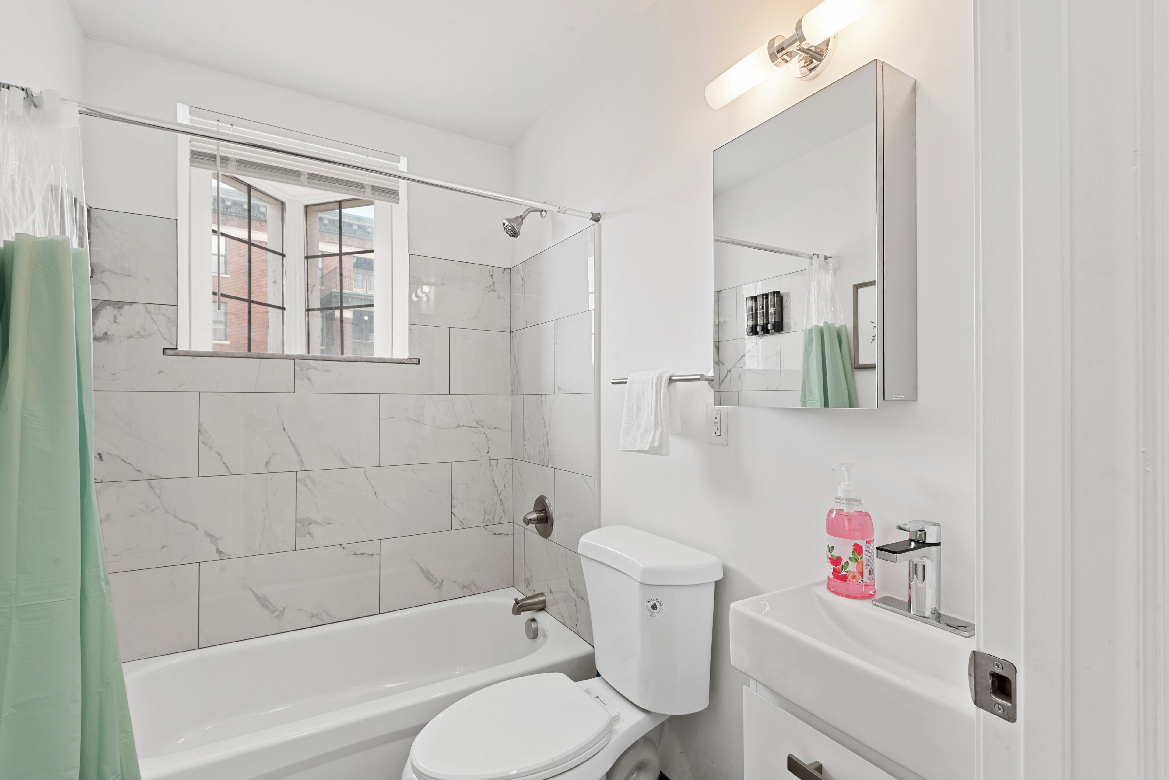 Hair dryer, towels, soap, toilet paper