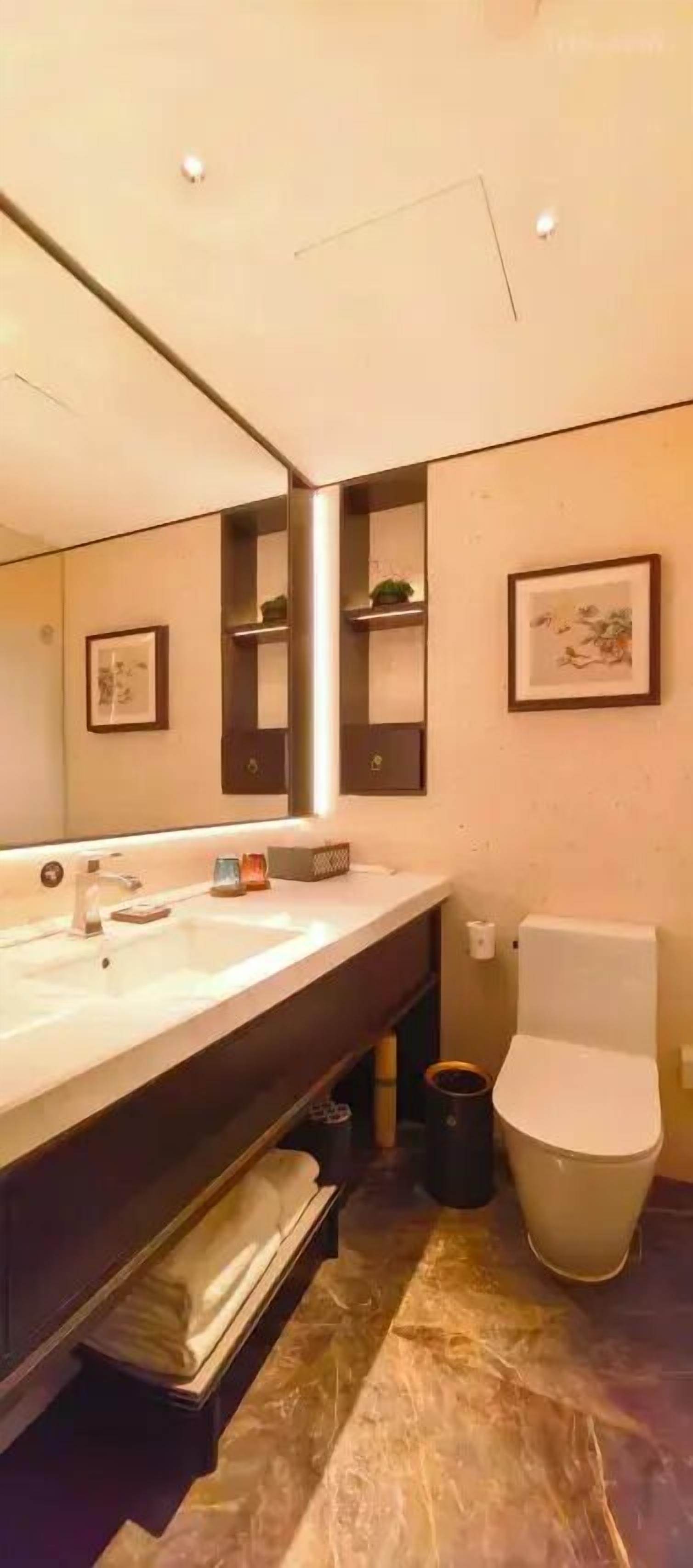 A modern bathroom with a large mirror, a sink, and a toilet.