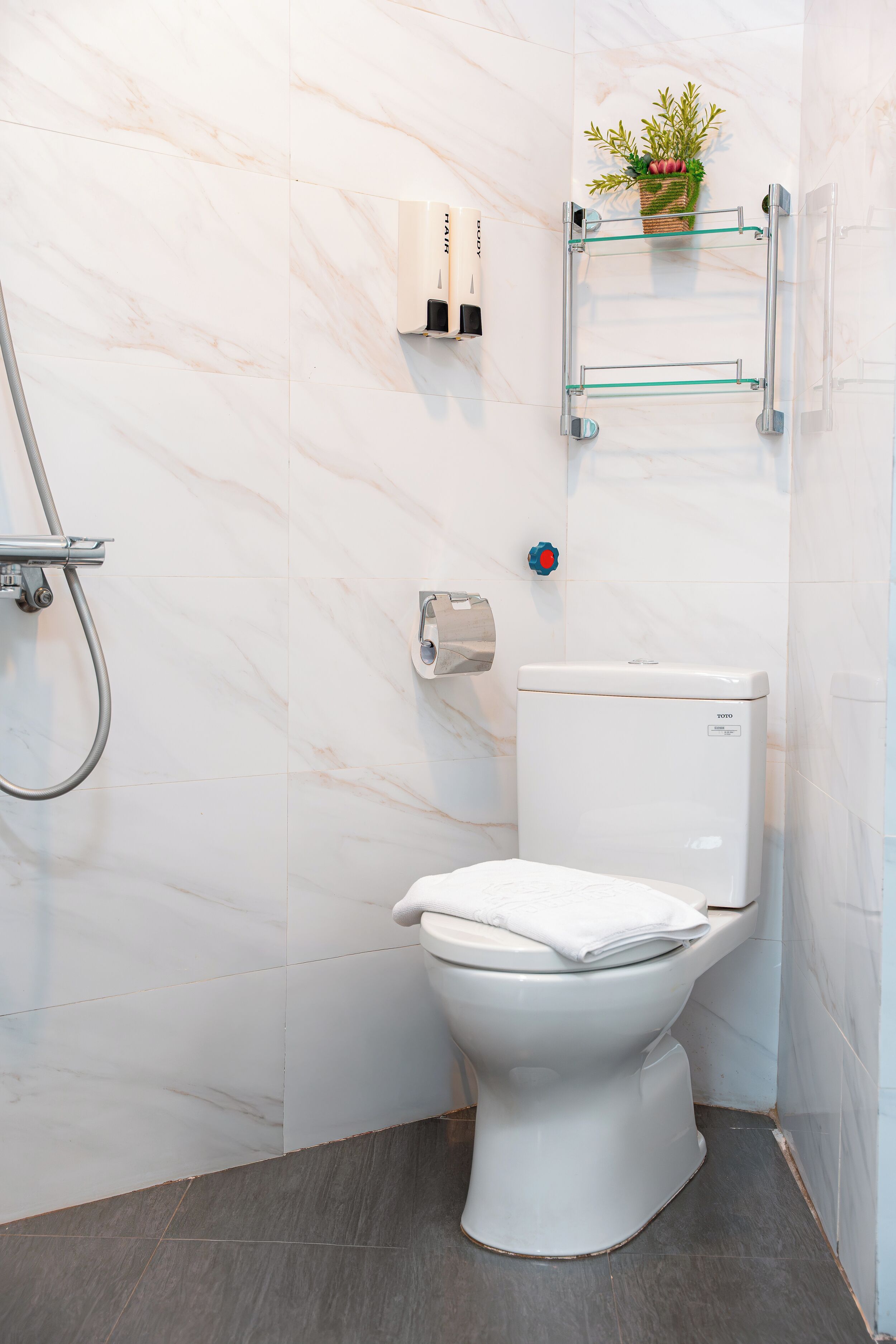 A modern bathroom with a toilet, a hand dryer, a paper towel dispenser, and a glass shelf with a plant.