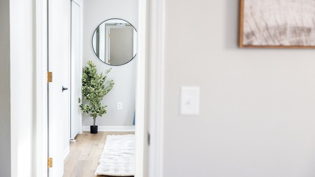 Un couloir avec un plancher en bois, un tapis blanc, une plante en pot et un miroir rond accroché au mur.