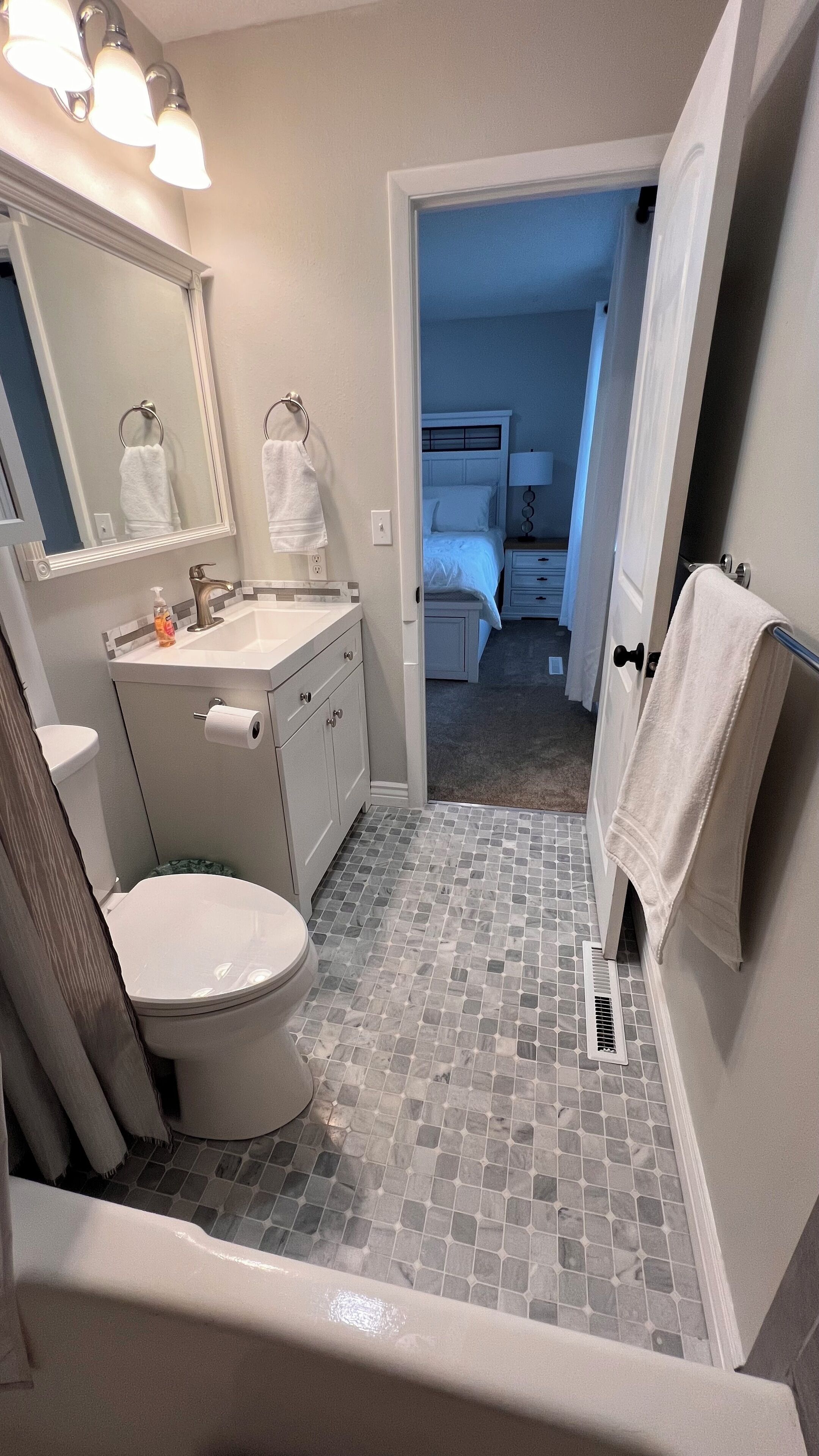 Shower, towels, soap, shampoo