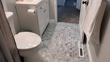 Shower, towels, soap, shampoo