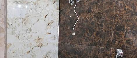 Une salle de bain avec des toilettes, une douche et un mur en marbre.